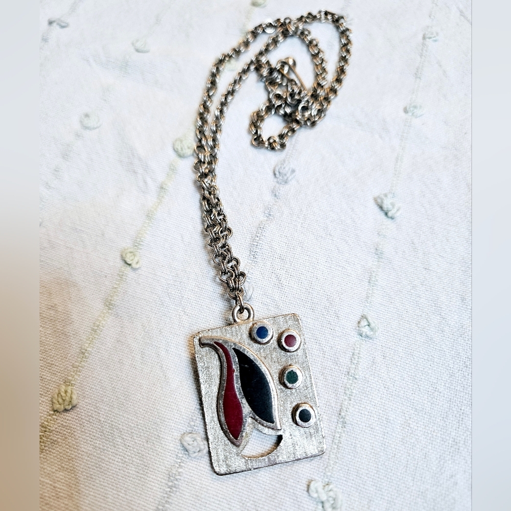 Vintage 90s Rectangular Silver Toned Artsy Enamel Pendant Necklace